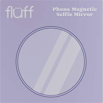Fluff Phone Magnetic Selfie Mirror, fioletowe opakowanie z białym logo i grafiką okrągłego lustra, widok z przodu.
