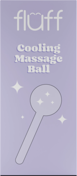 Jasnofioletowe opakowanie Fluff Cooling Massage Ball z logo i ilustracją kuli do masażu ze świecącymi iskierkami.