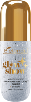 Bielenda Glow Show eliksir do ciała, srebrna butelka z brokatem i złotą nakrętką, widok z przodu.