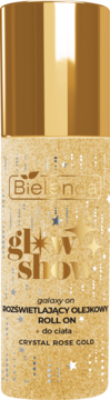 Bielenda Glow Show rozświetlający olejek roll-on w złotej butelce z gwiazdkami, widok z przodu. Crystal Rose Gold.