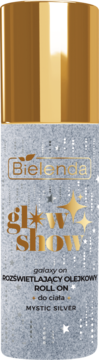 Bielenda Glow Show rozświetlający olejek do ciała Mystic Silver, srebrno-złota butelka z brokatem, widok z przodu.