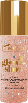 Bielenda Glow Show rozświetlający olejek roll-on do ciała Crystal Rose Gold w brokatowej butelce z złotym wieczkiem, widok z przodu.