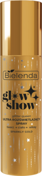 Bielenda Glow Show Sparkly Gold, złoty spray rozświetlający do twarzy, ciała i włosów, w butelce z gwiazdkami.