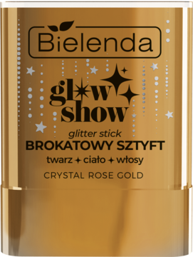 Bielenda Glow Show brokatowy sztyft Crystal Rose Gold do twarzy, ciała i włosów w złotym opakowaniu.