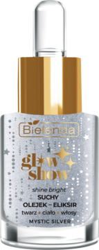 Bielenda Glow Show Mystic Silver, rozświetlający eliksir do twarzy, ciała i włosów, w srebrnej butelce z brokatem, z przodu.