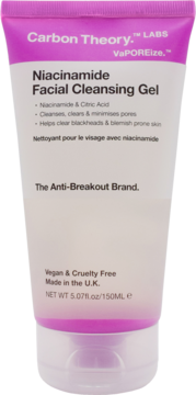 Niacynamidowy żel Carbon Theory VaPOREize 150ml do cery skłonnej do wyprysków, biało-różowa tubka, widok z przodu.