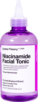 Fioletowy tonik Carbon Theory Niacinamide Facial Tonic 250ml, do cery problematycznej, butelka z białą nakrętką aplikatorem, widok z przodu.