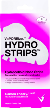 Różowe opakowanie VaPOREize Hydro Strips z niacynamidem, 8 hydrokoloidowych plastrów na nos, widok z przodu.