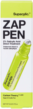 Supacylic Zap Pen 2% Salicylic Acid Direct Treatment. Biało-limonkowe pudełko z zielonym rollerem na wypryski.