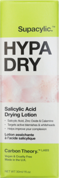 Carbon Theory Supacylic Hypa Dry Salicylic Acid Drying Lotion w zielono-białym pudełku, widok z przodu.