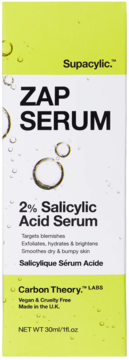 Carbon Theory Supacylic Zap Serum 2% Salicylic Acid, biało-zielone opakowanie na trądzik, widok z przodu.