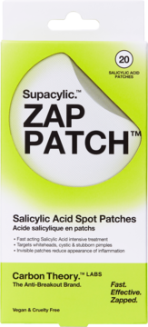 Carbon Theory Supacylic Zap Patch, 20 plastrów na wypryski z kwasem salicylowym, zielono-białe opakowanie, widok z przodu.