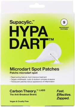 Biało-zielone pudełko Carbon Theory Supacylic HYPA DART Microdart Spot Patches, 9 sztuk, widok z przodu.