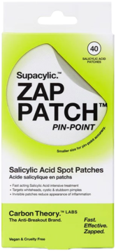 Widok z przodu białego pudełka Supacylic Zap Patch Pin-Point. Na froncie zielony owal i napis 'Salicylic Acid Patches'.