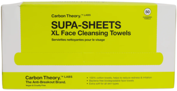 Jasnożółte pudełko Carbon Theory Supa-Sheets XL, 50 szt. biodegradowalnych ręczników do twarzy, widok z przodu.