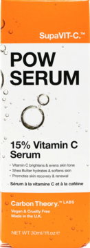 Carbon Theory SupaVIT-C Pow Serum 15% Vitamin C, pomarańczowo-białe pudełko z bąbelkami, widok z przodu.