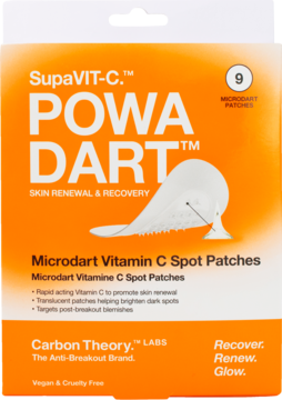 Carbon Theory SupaVIT-C Powa Dart Microdart Vitamin C Spot Patches. Pomarańczowe opakowanie z białym plastrem.