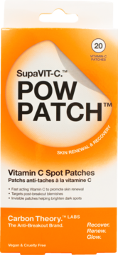 Front opakowania SupaVIT-C Pow Patch, Vitamin C Spot Patches. Biało-pomarańczowe, 20 plastrów, Carbon Theory.