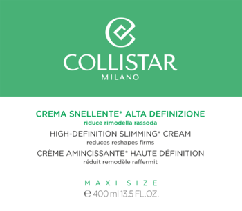 Collistar High-Definition Slimming Cream 400ml, Maxi Size, zielono-biała etykieta z logo, widok z przodu.