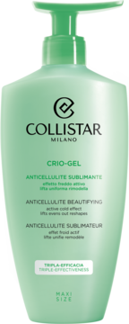Collistar Crio-Gel Anticellulite Sublimante, jasnozielona butelka z pompką, widok z przodu, potrójna skuteczność.
