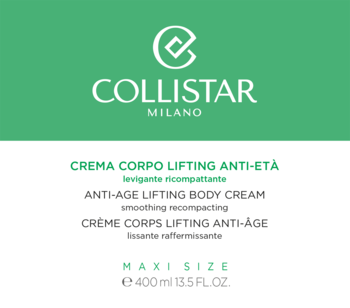 Collistar Anti-Age Lifting Body Cream 400ml, zielono-biała etykieta z tekstem w wielu językach, widok z przodu.