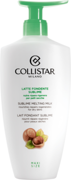 Collistar Sublime Melting Milk, białe mleczko do ciała z zieloną pompką, widok z przodu z orzechami.