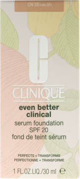 Przedni widok pudełka podkładu Clinique Even Better Clinical Serum Foundation SPF 20, odcień CN 28 Ivory.