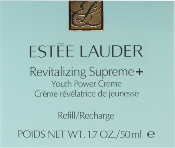 Front turkusowego opakowania Estée Lauder Revitalizing Supreme+ Youth Power Creme refill 50ml, z logo EL.