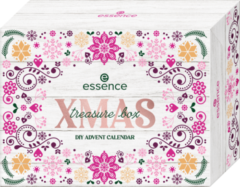 ESSENCE XMAS Treasure Box,kalendarz adwentowy z kosmetykami do makijażu i akcesoriami kosmetycznymi, 24 elementy,przód