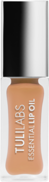 Tuli Labs Essential Lip Oil Caffe Latte, jasnobrązowy, w przezroczystej butelce z srebrną nakrętką, widok z przodu.