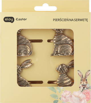 Eloy Easter: 4 brązowe pierścienie na serwetę z detalami zajączków w beżowym pudełku z okienkiem.