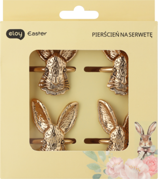 Złote, metalowe pierścienie na serwetki z głowami królików, 4 sztuki w beżowym pudełku 'Eloy Easter'.