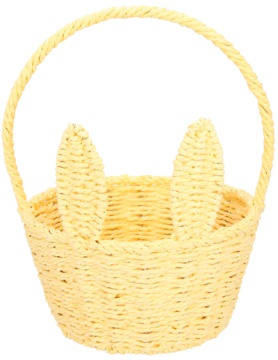 Żółty koszyk wielkanocny z plecionki, z wystającymi uszami królika i rączką, ujęcie z przodu.