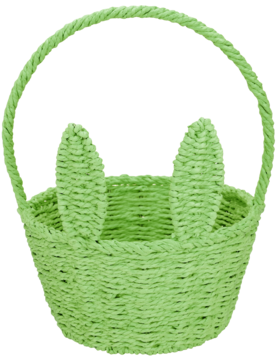 Pleciony, jasnozielony koszyk wielkanocny z uchwytem i dwoma króliczymi uszami, widok z przodu na czarnym tle.