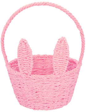 Różowy pleciony koszyk wielkanocny z uchwytem i króliczymi uszami, widok z przodu.