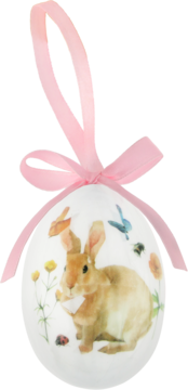 Biała zawieszka w kształcie pisanki z różową wstążką, z akwarelowym królikiem, kwiatami i motylami.