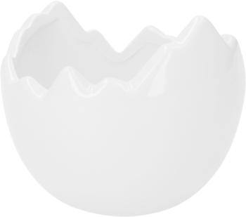 Biały pojemnik na rzeżuchę o średnicy 11cm, w kształcie pękniętej skorupki jajka, z gładkim wykończeniem.