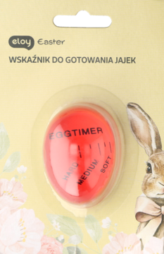Czerwony timer do jajek Eloy Easter w opakowaniu, z oznaczeniami SOFT, MEDIUM, HARD. Widok z przodu.