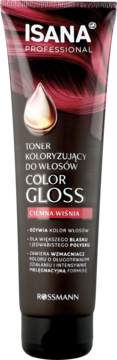 Isana Professional Toner Color Gloss Ciemna Wiśnia, ciemna tubka z grafiką włosów, widok z przodu.