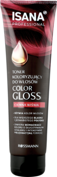 Isana Professional Toner Color Gloss Ciemna Wiśnia, ciemna tubka z grafiką włosów, widok z przodu.