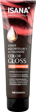 Toner koloryzujący Isana Professional Color Gloss Intensywna Miedź w ciemnej tubce z rudymi włosami, widok z przodu.