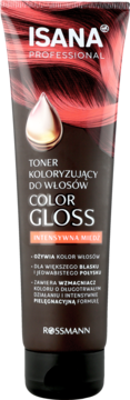Toner koloryzujący Isana Professional Color Gloss Intensywna Miedź w ciemnej tubce z rudymi włosami, widok z przodu.