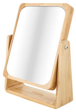 Stylowe lusterko bambusowe stojące, dwustronne z 5x powiększeniem. Widok z przodu, lekko przechylone.