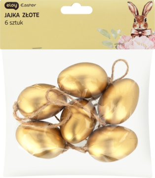 6 złotych jajek wielkanocnych w opakowaniu, każde z naturalnym sznurkiem do zawieszenia, widok z przodu.
