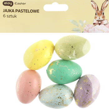 Zestaw sześciu pastelowych jajek dekoracyjnych ze złotymi drobinkami: żółte, zielone, różowe, niebieskie, fioletowe.