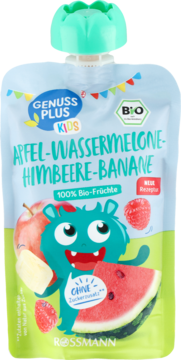 Frontalny widok saszetki Genuss Plus Kids BIO z musem owocowym: jabłko, arbuz, malina, banan. Niebiesko-białe opakowanie z uśmiechniętym niebieskim potworem, 100% bio.
