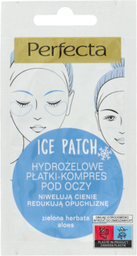 Perfecta Ice Patch hydrożelowe płatki pod oczy z zieloną herbatą i aloesem, biała saszetka z niebieskim kółkiem.