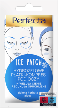 Biała saszetka Perfecta Ice Patch hydrożelowe płatki pod oczy, redukujące cienie i opuchliznę, z zieloną herbatą i aloesem.