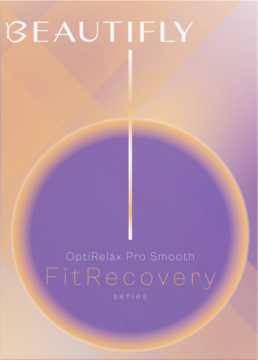 Beautifly OptiRelax Pro Smooth FitRecovery, okładka masażera oczu. Fioletowo-pomarańczowy gradient z kołem.