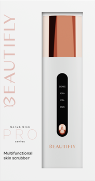 Peeling kawitacyjny Beautifly Scrub Slim PRO biały z różowym wykończeniem, wysunięty z pudełka na szarym tle.